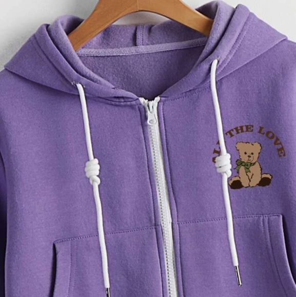 Letter & Bear Print Drawstring Zipper Thermal Hoodie - Picture 4 of 7